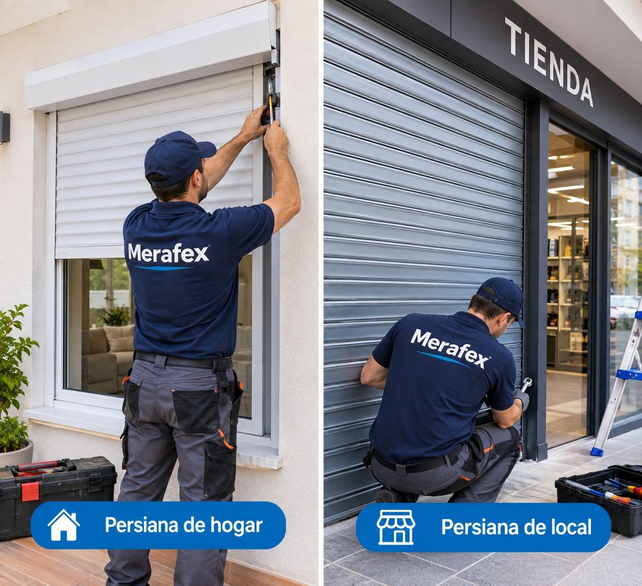 Tècnics de Merafex treballant en la persiana d'un habitatge i en el tancament metàl·lic d'una botiga