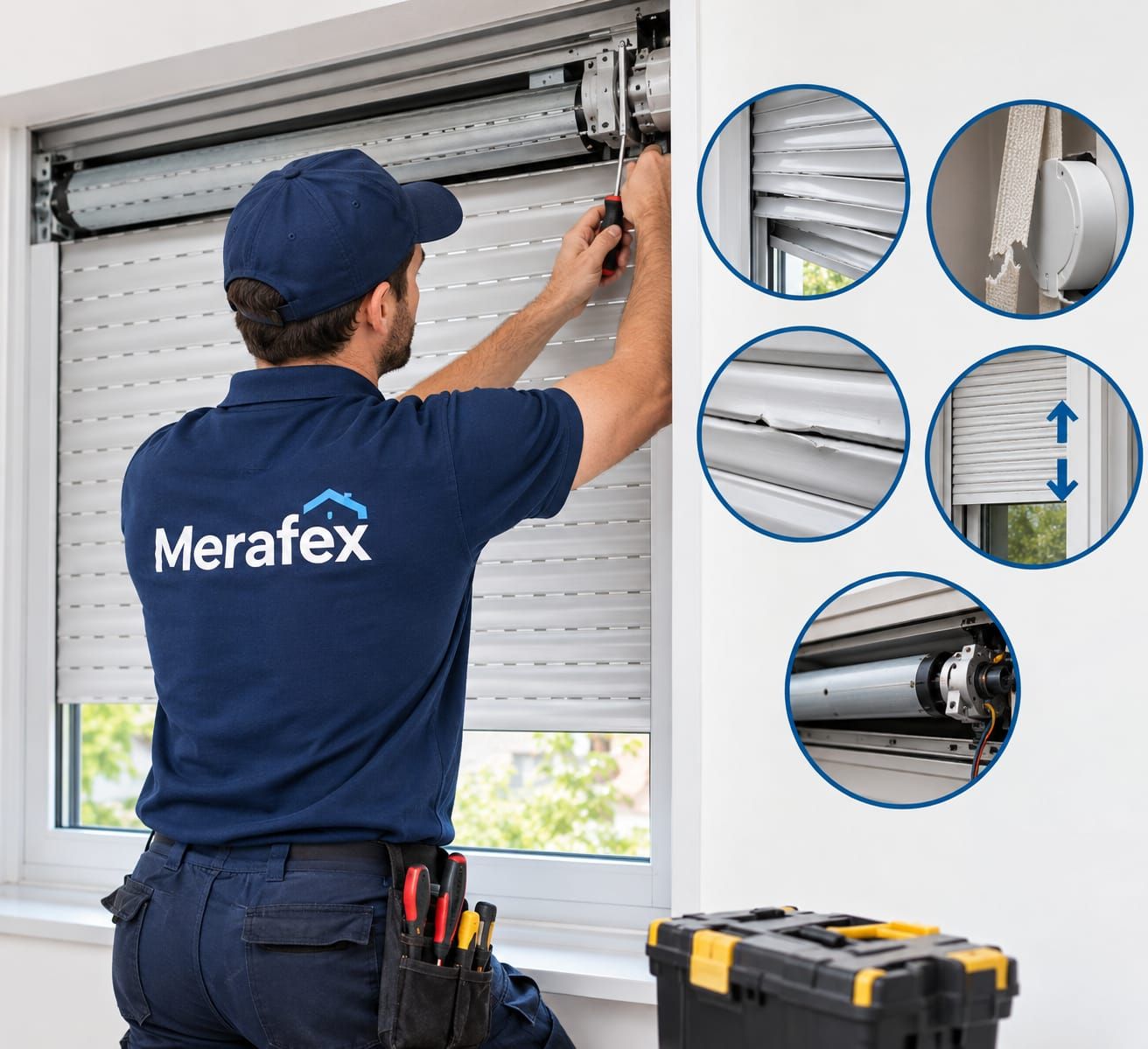 Técnico de Merafex reparando el eje de una persiana enrollable de aluminio