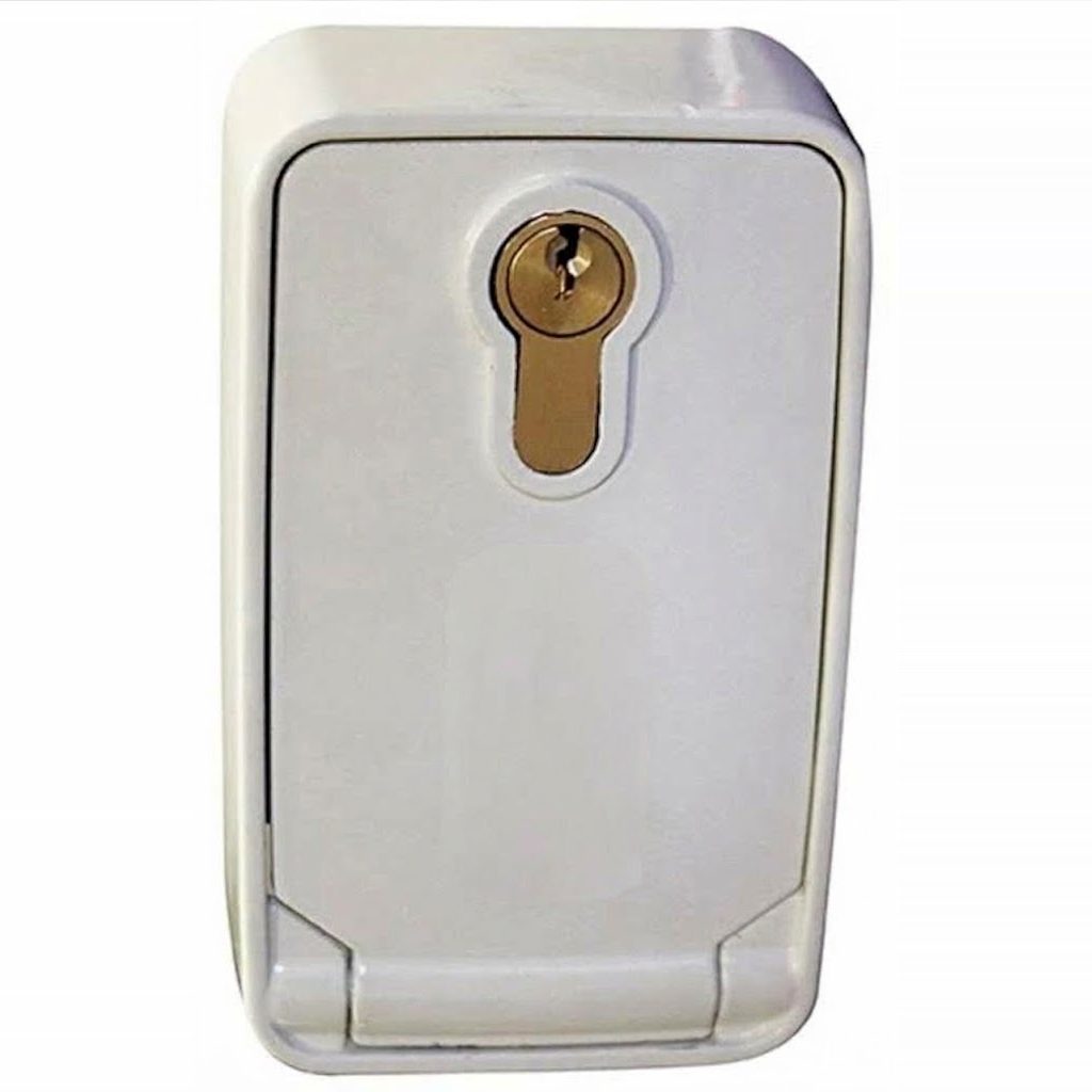 White shutter release box with a cylinder lock