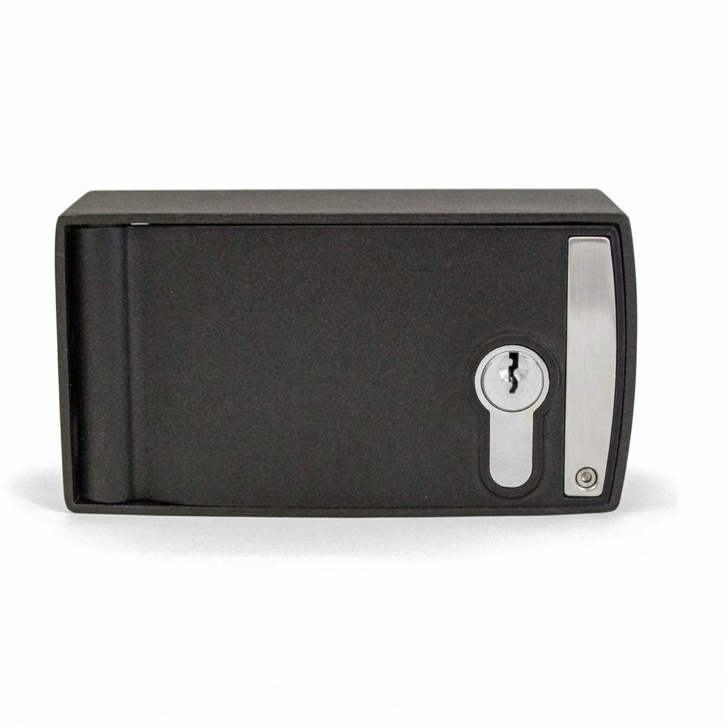 Black release box with a euro cylinder and an opening handle