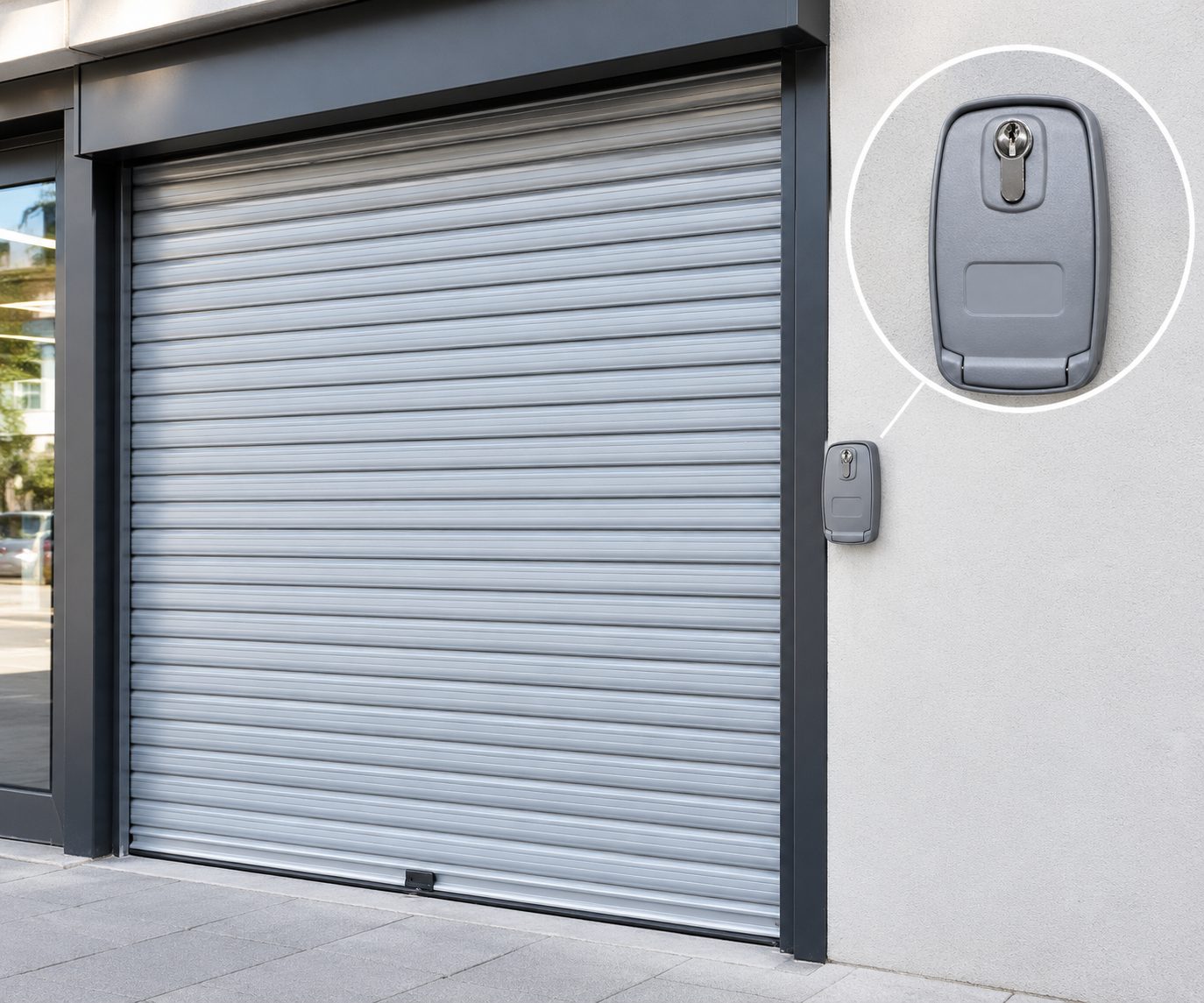 External release box with a lock, fitted on the façade next to a shop's metal shutter