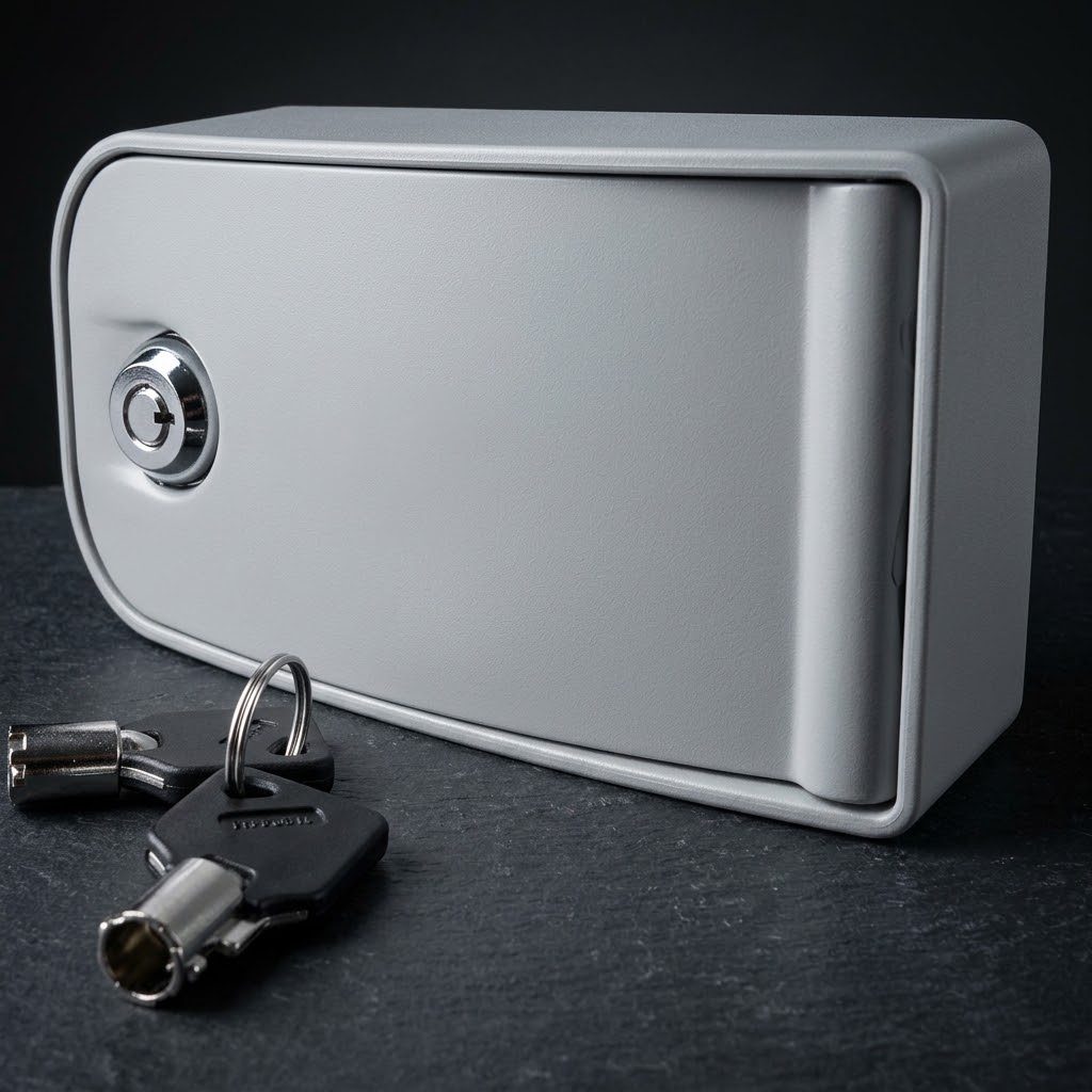 Grey aluminium armoured release box with a tubular key lock
